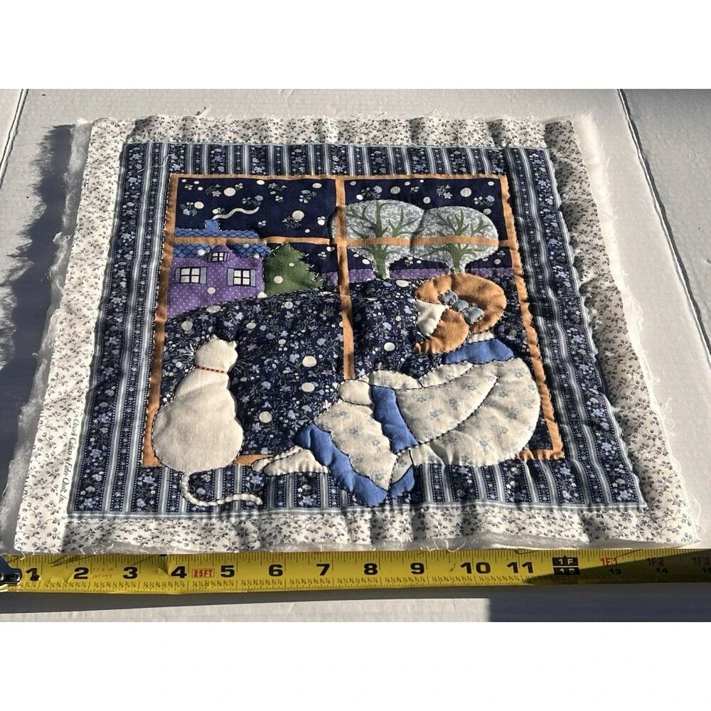 Vintage Handmade Applique Quilt Block Girl Cat Window Scene 15” Ozark Calico